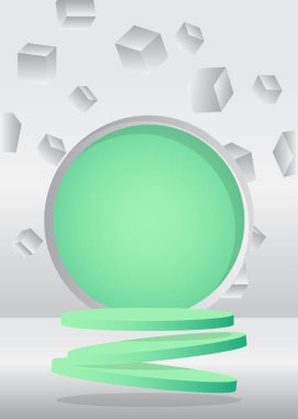 Soyut Turkuaz ve Beyaz Mockup ürün sergisi. Silindir kaide podyumu. Sunum için sahne gösterisi. En düşük geometrik biçimler, boş sahne.