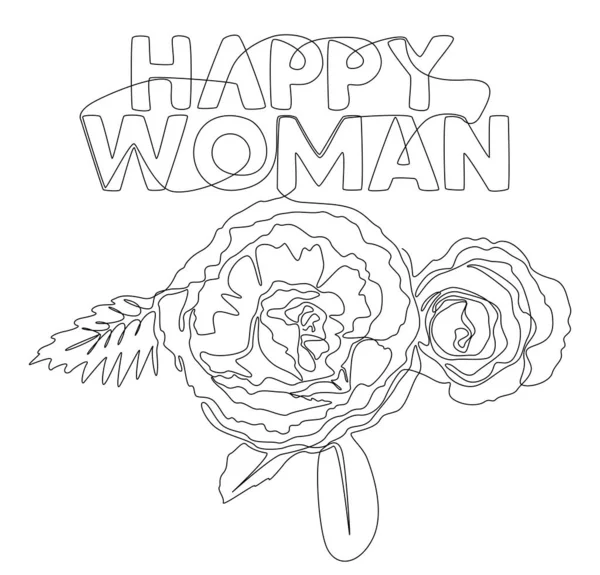 Eine Ununterbrochene Zeile Happy Woman Wort Mit Rosenblüten Thin Line — Stockvektor