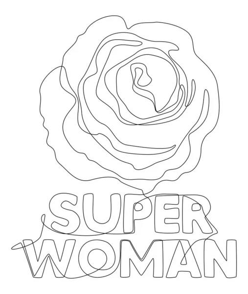 Uma Linha Contínua Palavra Super Mulher Com Flores Rosa Conceito — Vetor de Stock