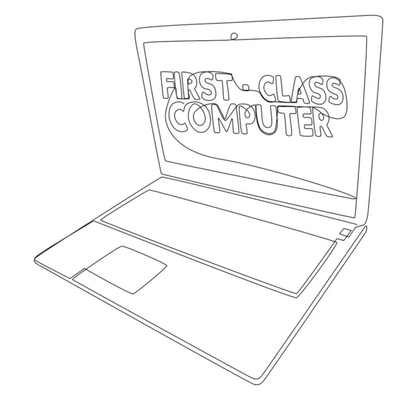 Uma Linha Contínua Laptop Com Palavra Computador Primeira Classe Conceito — Vetor de Stock