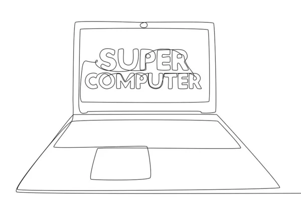 Een Continue Lijn Van Laptop Met Super Computer Woord Dunne — Stockvector