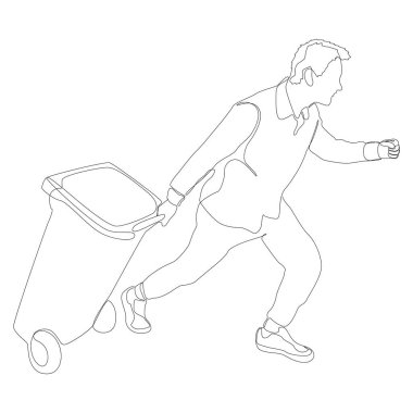 Elinde çöp kovası olan bir adam çizgisi. İnce Çizgi Çizimi Vektör Konsepti. Contour Yaratıcı Fikirler Çiziyor.