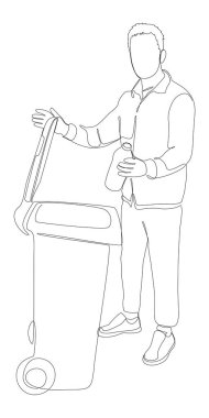 Elinde çöp kovası olan bir adam çizgisi. İnce Çizgi Çizimi Vektör Konsepti. Contour Yaratıcı Fikirler Çiziyor.