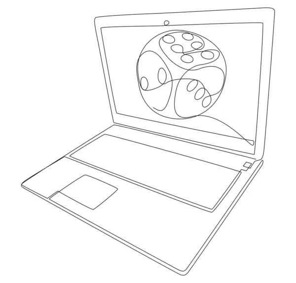 Una Linea Continua Laptop Con Dadi Thin Line Illustrazione Concetto — Vettoriale Stock