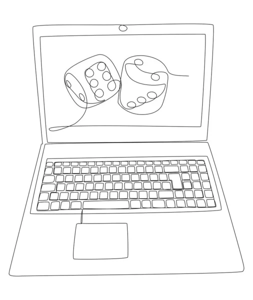 Een Continue Lijn Van Laptop Met Dobbelstenen Dunne Lijn Illustratie — Stockvector