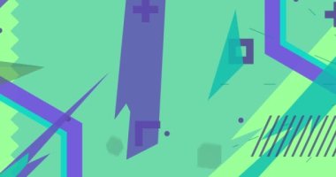 Retro temalı Geometrik Turkuaz Mavi ve Yeşil Grafik arkaplanı. Minimum geometrik karikatür arkaplan videosu. Soyut şekil elementleri şablonu. Eski tasarım.