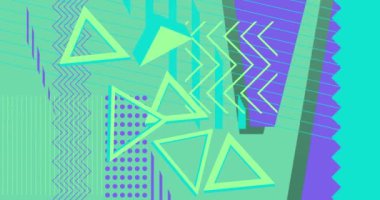 Retro temalı Geometrik Turkuaz Mavi ve Yeşil Grafik arkaplanı. Minimum geometrik karikatür arkaplan videosu. Soyut şekil elementleri şablonu. Eski tasarım.