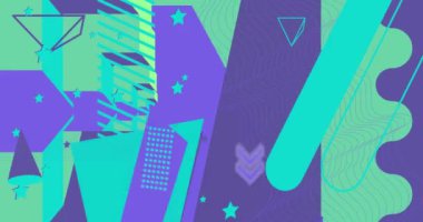 Retro temalı Geometrik Turkuaz Mavi ve Yeşil Grafik arkaplanı. Minimum geometrik karikatür arkaplan videosu. Soyut şekil elementleri şablonu. Eski tasarım.