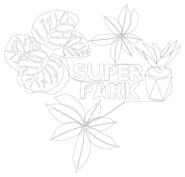 植物の葉とスーパーパークの単語の1つの継続的な行 細い線イラストベクトルのコンセプト Contour Drawing Creative Ideas — ストックベクタ