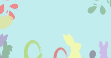 Büyük tavşan ve yumurtaların olduğu Paskalya animasyonu. Zarif bir tatil karikatürü davetiye arkaplan tasarımı. İçinde boyanmış tavşan ve yumurta olan tebrik kartı. Pastel renklerde modern minimal video.