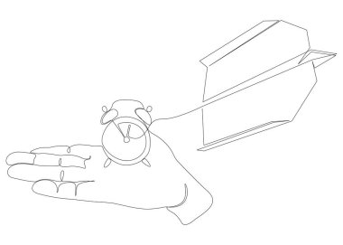 Çalar Saat ve Kağıt Uçak 'ın sürekli bir hattı. İnce Çizgi Çizimi Vektör Konsepti. Contour Yaratıcı Fikirler Çiziyor.