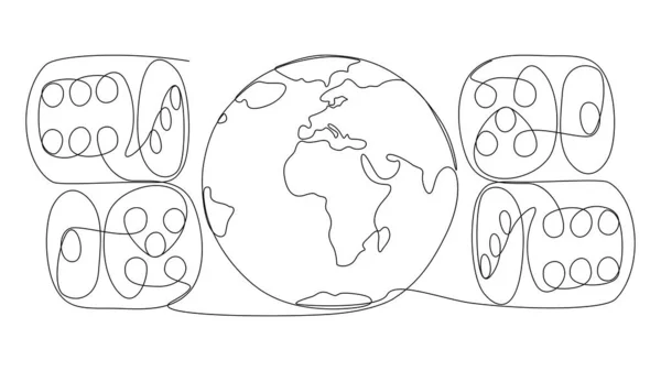 Jedna Souvislá Linka Země Globe Kostky Koncept Vektoru Tenké Čáry — Stockový vektor