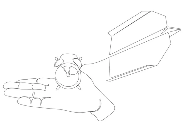 目覚まし時計と紙飛行機の1つの連続ライン 細い線イラストベクトルのコンセプト Contour Drawing Creative Ideas — ストックベクタ