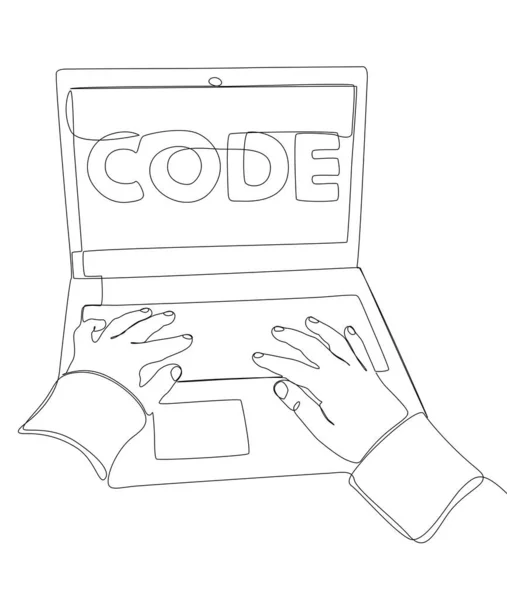 Jedna Souvislá Řada Lidí Laptopem Kódovým Textem Koncept Vektoru Tenké — Stockový vektor