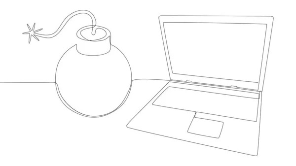 爆弾の単語とラップトップとノートパソコンの1つの連続行 細い線イラストベクトルのコンセプト Contour Drawing Creative Ideas — ストックベクタ