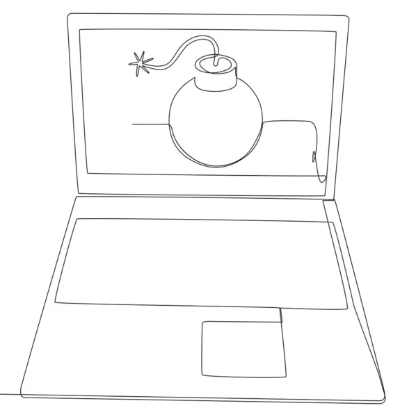 Una Linea Continua Laptop Con Laptop Con Bombword Thin Line — Vettoriale Stock