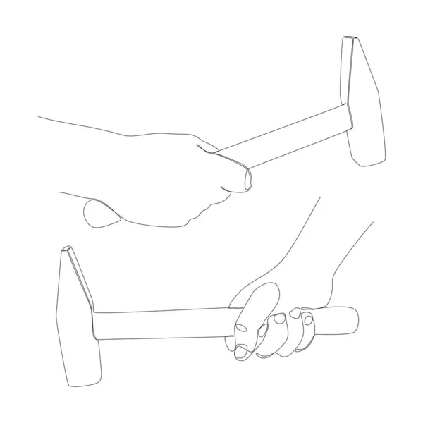 手保持ハンマーの1つの連続行 細い線イラストベクトルのコンセプト Contour Drawing Creative Ideas — ストックベクタ