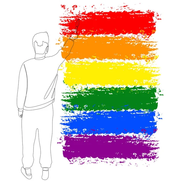 Een Ononderbroken Lijn Van Mens Schilderen Van Kleuren Van Rainbow — Stockvector