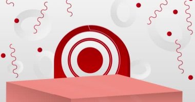 Açık kırmızı, kırmızı ve beyaz silindir kaidesel podyum animasyonu. Soyut sahne gösterisi videosu. Sunum için model ürün görüntüleme karikatürü.