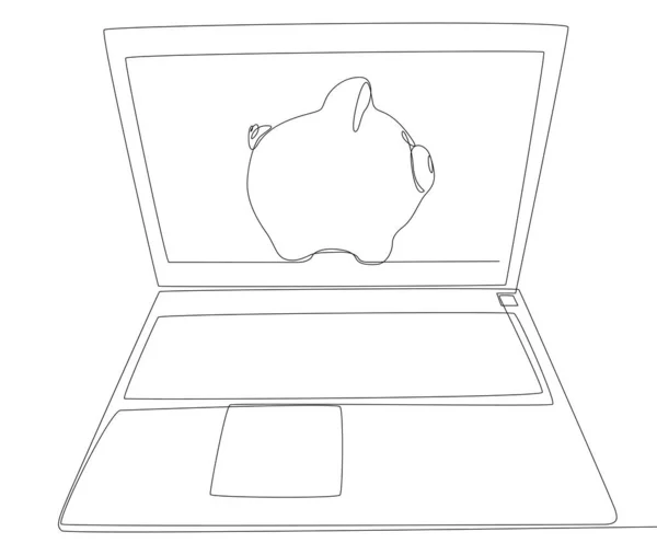 Piggy銀行とノートパソコンの1つの連続行 細い線イラストベクトルのコンセプト Contour Drawing Creative Ideas — ストックベクタ