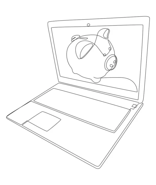 Uma Linha Contínua Laptop Com Piggy Bank Conceito Vetor Ilustração — Vetor de Stock