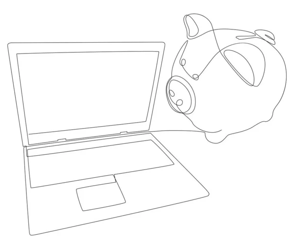 Piggy銀行とノートパソコンの1つの連続行 細い線イラストベクトルのコンセプト Contour Drawing Creative Ideas — ストックベクタ