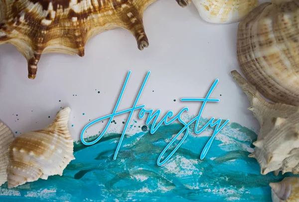 Animal Shell, Summer vacation, marine background with Honesty text.