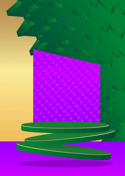Фиолетовый Зеленый Золотой Цилиндры Пьедестал Почета Абстрактная Сцена Футуристический Макет — стоковый вектор