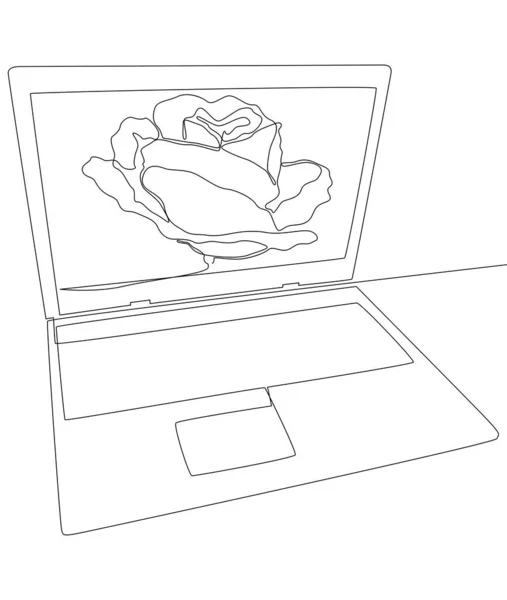 バラとノートパソコンの1つの連続行 細い線イラストベクトルのコンセプト Contour Drawing Creative Ideas — ストックベクタ