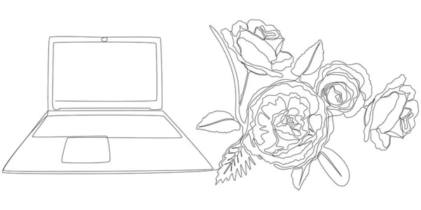 バラとノートパソコンの1つの連続行 細い線イラストベクトルのコンセプト Contour Drawing Creative Ideas — ストックベクタ