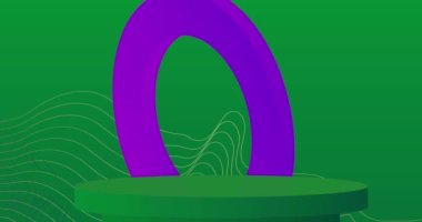 Mor, Yeşil ve Altın renkli silindir kaidesel podyum animasyonu. Soyut sahne gösterisi videosu. Sunum için fütürist ürün görüntüleme karikatürü. En düşük geometrik biçimler, boş sahne.