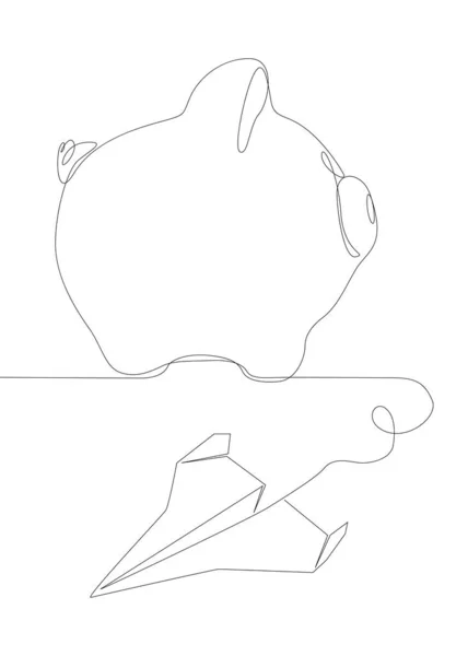 ピギーバンクと紙飛行機の1つの連続行 細い線イラストベクトルのコンセプト Contour Drawing Creative Ideas — ストックベクタ