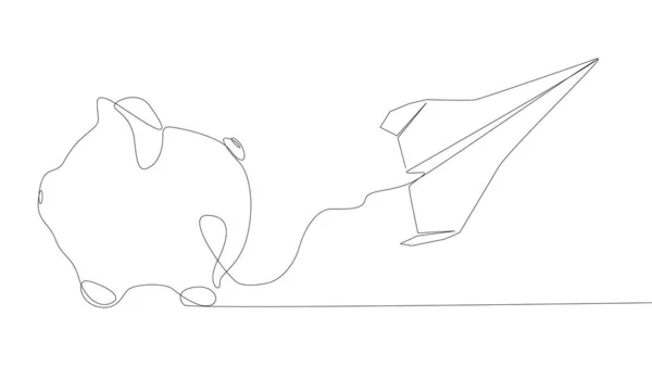 一个连续行的纸飞机与猪银行 细线图解向量概念 环球旅行吸引创意 — 图库矢量图片