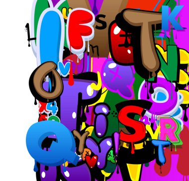 Graffiti arkaplanı Harflerle oluşturuldu. Soyut modern sokak sanatı duvar kağıdı beyaz üzerine kentsel boyama tarzında sergileniyor.