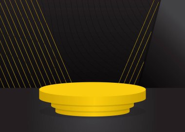 Siyah ve sarı bilim kurgu ürünü. Gelecekçi Mockup vektör odası, silindir kaide podyumu. Sunum için soyut minimetrik geometrik formlar sahne gösterimi, boş sahne.