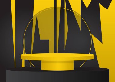 Siyah ve sarı bilim kurgu ürünü. Gelecekçi Mockup vektör odası, silindir kaide podyumu. Sunum için soyut minimetrik geometrik formlar sahne gösterimi, boş sahne.