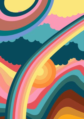 Psikedelik hippi tarzı 70 'lerin geçmişi. Harika soyut 1970 'ler, 1960' lar kapağı, poster, şablon. Klasik Sıvı Gökkuşağı çizgili tasarım posteri.