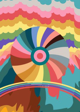 Psikedelik hippi tarzı 70 'lerin geçmişi. Harika soyut 1970 'ler, 1960' lar kapağı, poster, şablon. Klasik Sıvı Gökkuşağı çizgili tasarım posteri.