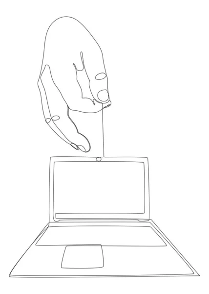 Kontinuerlig Linje Hånd Med Laptop Tynd Linje Illustration Vektor Koncept – Stock-vektor