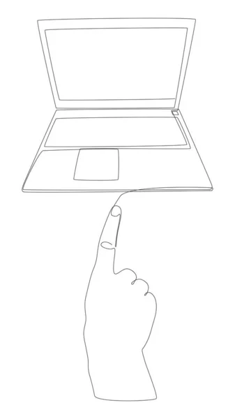 ノートパソコンと手の1つの連続行 細い線イラストベクトルのコンセプト Contour Drawing Creative Ideas — ストックベクタ