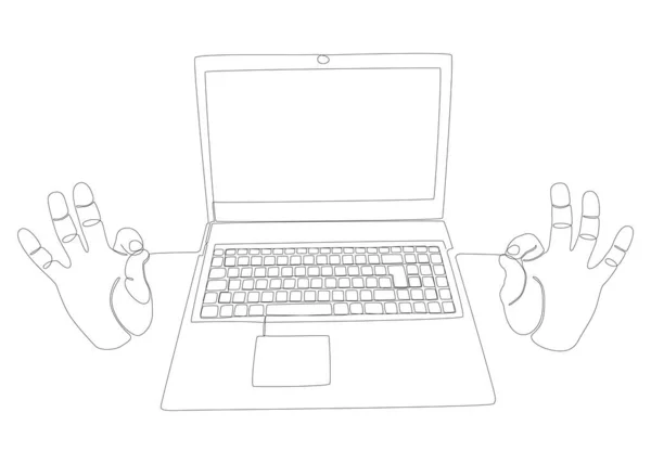 Одна Безперервна Лінія Рук Ноутбуком Векторна Концепція Тонкої Лінії Ілюстрації — стоковий вектор