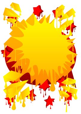 Sarı ve kırmızı Nutuk Bubble Graffiti Arkaplanı. Yıldızlar ve diğer elmetilerle kentsel resim arkaplanı. Modern sokak sanatının soyut tartışma sembolü.