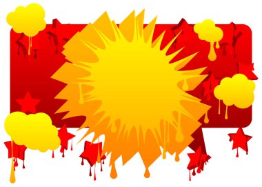 Sarı ve kırmızı Nutuk Bubble Graffiti Arkaplanı. Yıldızlar ve diğer elmetilerle kentsel resim arkaplanı. Modern sokak sanatının soyut tartışma sembolü.