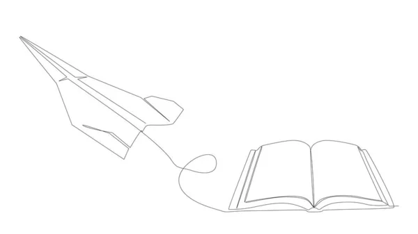 紙飛行機と本の1つの連続行 細い線イラストベクトルのコンセプト Contour Drawing Creative Ideas — ストックベクタ