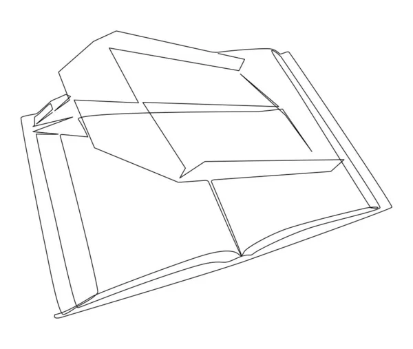 Egy Folyamatos Könyv Papír Repülőgéppel Vékony Vonal Illusztráció Vektor Koncepció — Stock Vector