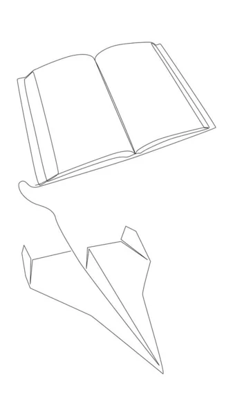 Одна Сплошная Линия Книги Бумажным Самолетом Концепция Вектора Тонкой Линии — стоковый вектор