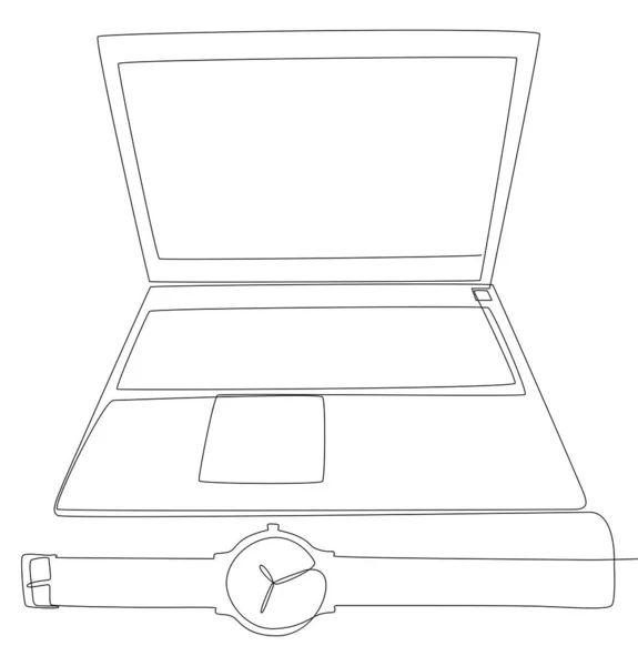 Una Línea Continua Laptop Con Reloj Pulsera Concepto Vectorial Ilustración — Vector de stock