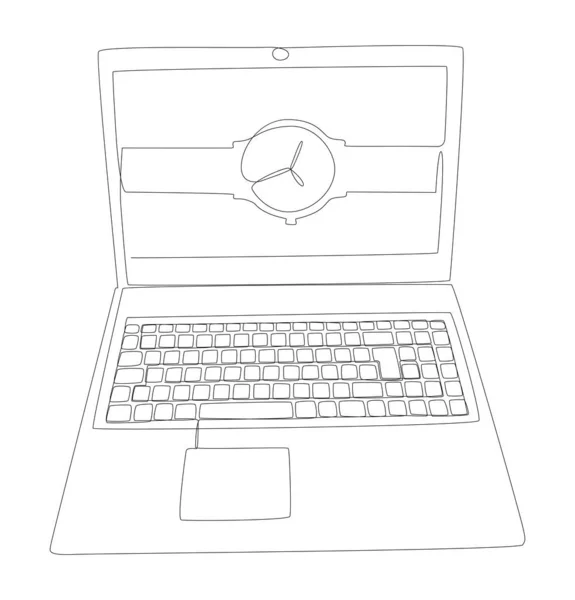 Een Doorlopende Lijn Van Laptop Met Polshorloge Dunne Lijn Illustratie — Stockvector