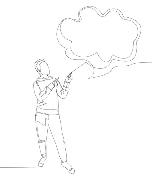 空のスピーチバブルで指で指している男の1つの連続行 細い線イラストベクトルのコンセプト Contour Drawing Creative Ideas — ストックベクタ