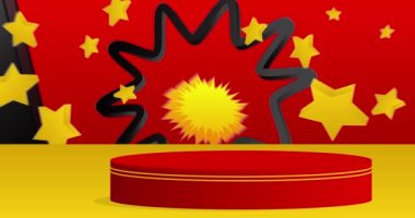 Soyut siyah, kırmızı ve sarı silindir kaidesel podyum animasyonu. En düşük geometrik formlara sahip video, boş sahne. Ürün gösterimi ve sunumu için çizgi film sahne gösterisi.